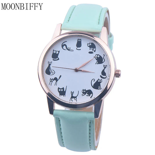 Reloj de Cuero con Estampado de Gato de MOONBIFFY: ¡Estilo Felino Único!