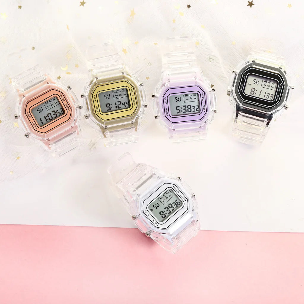 Reloj Digital Transparente Cuadrado para Mujeres - Resistente al Agua con Funciones Multifuncionales