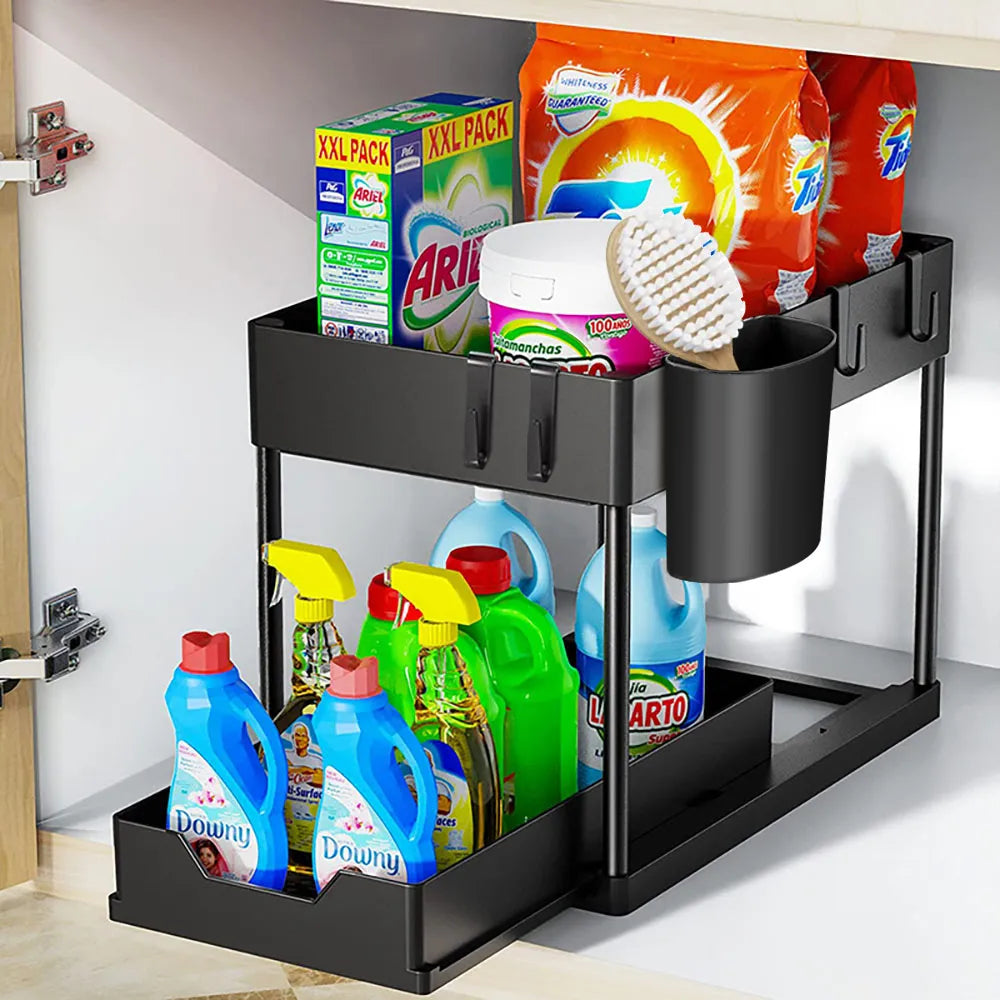 Organizador Deslizante de 2 Niveles con Ganchos - ¡Orden y versatilidad para tu cocina o baño!