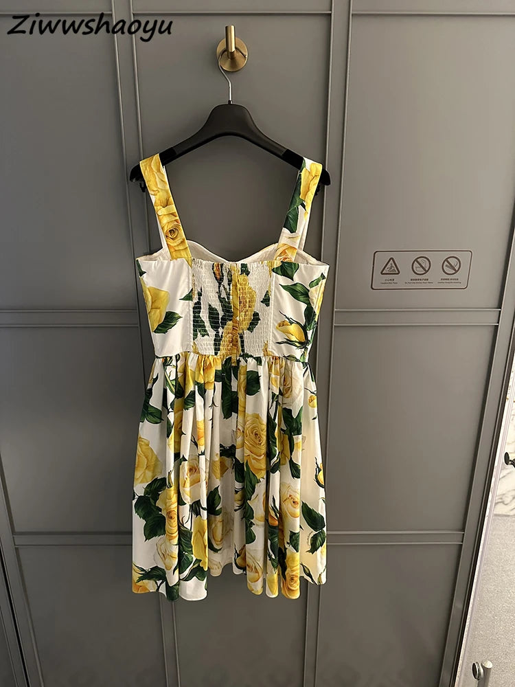 Vestido Midi Amarillo Estampado Floral de Pasarela, Alta Calidad