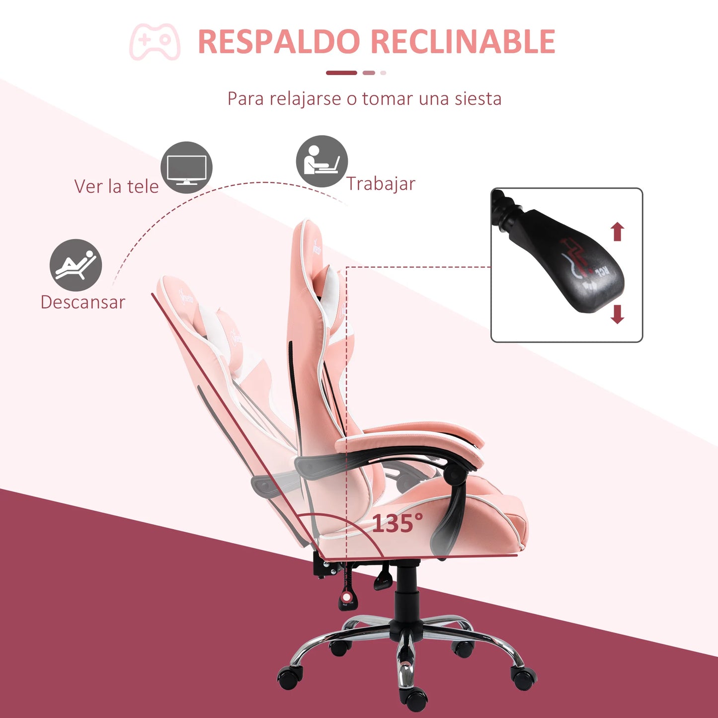 Vinsetto ergonomic Gaming chair 135 ° adjustable height rotating Racing desk chair head rest and Lumbar cushion for office studio 63x67x122-130 cm pink