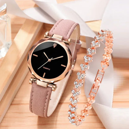 Set de 2 Relojes de Lujo para Mujer - Correas de Cuero PU y Detalles de Cristal en Aleación de Oro Rosa