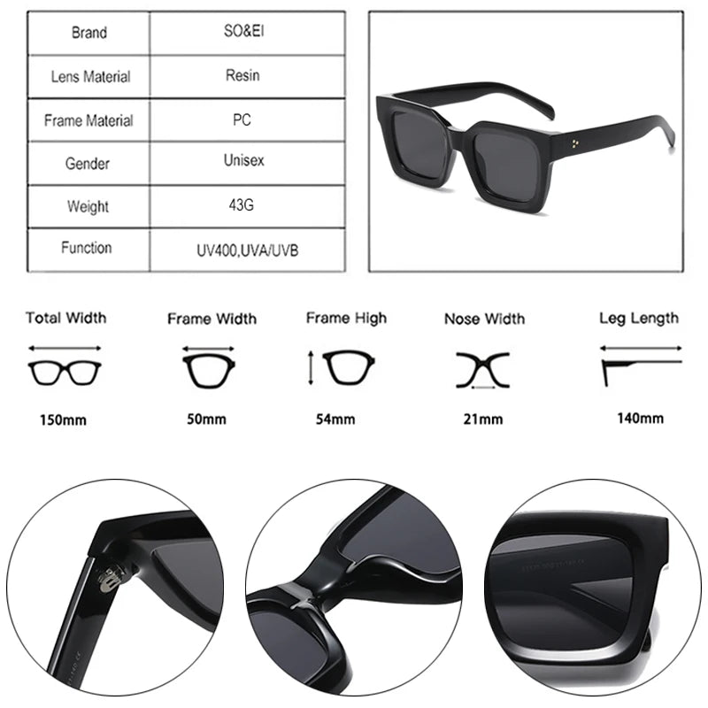 SO&EI Square Rivets Men Vintage Sunglasses Fashion Brand Designer Shades UV400 Women Gradient Sun Glasses