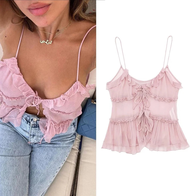 Top Cami TRAF Verano Negro Rosa - Elegante Crop Top Transparente