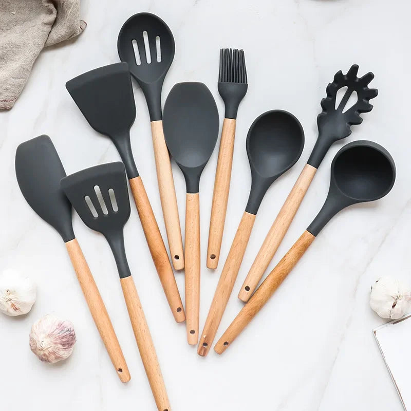 Set de Utensilios de Cocina de Silicona Premium con Mangos de Madera - 12 Piezas