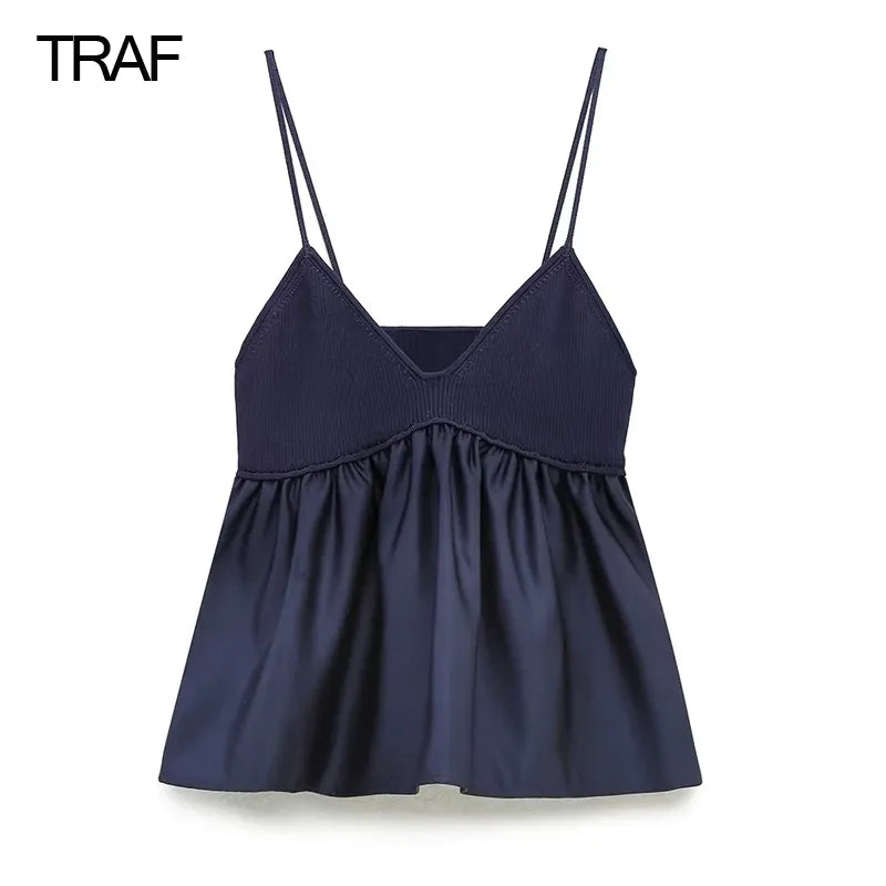 Top TRAF Blue Crop Mujer con Volantes y Escote Off-Shoulder