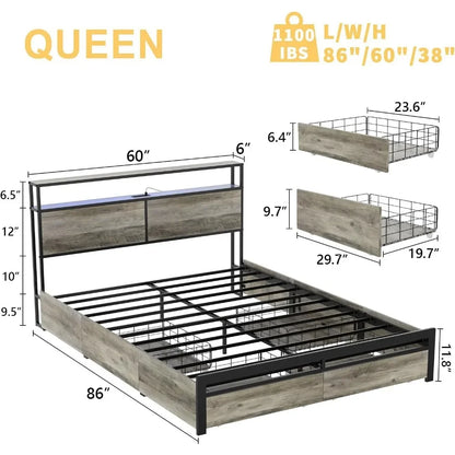 Marco de Cama con Almacenamiento, 4 Cajones y Luz LED - RUO WU