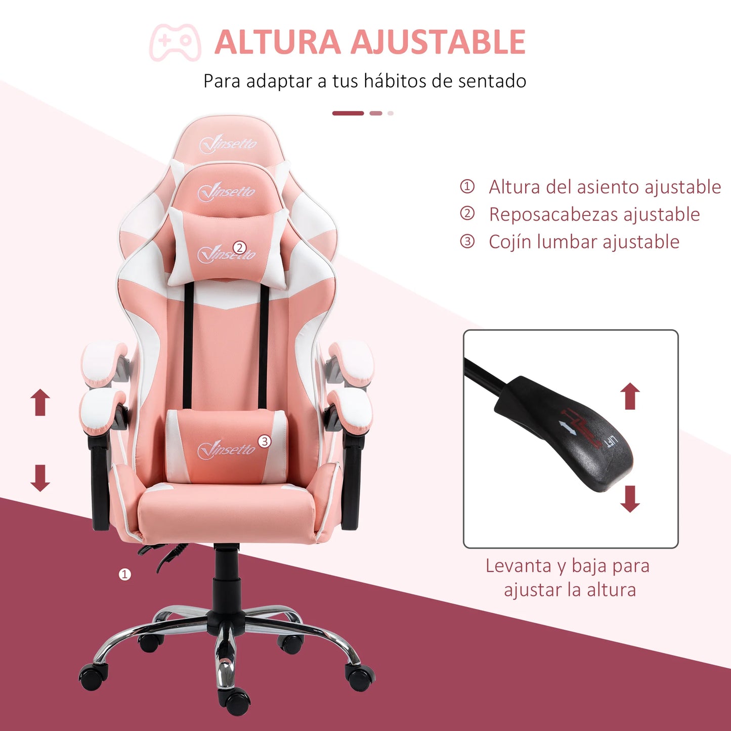 Vinsetto ergonomic Gaming chair 135 ° adjustable height rotating Racing desk chair head rest and Lumbar cushion for office studio 63x67x122-130 cm pink