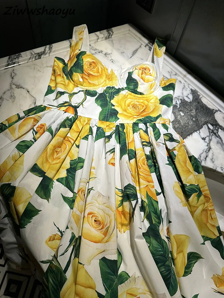 Vestido Midi Amarillo Estampado Floral de Pasarela, Alta Calidad