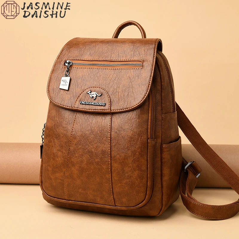 Women's Casual Backpack Soft Leather Fashion Shoulder Bag Retro Designer Girl's Schoolbag Travel Solid Color Backpacks 2024 New