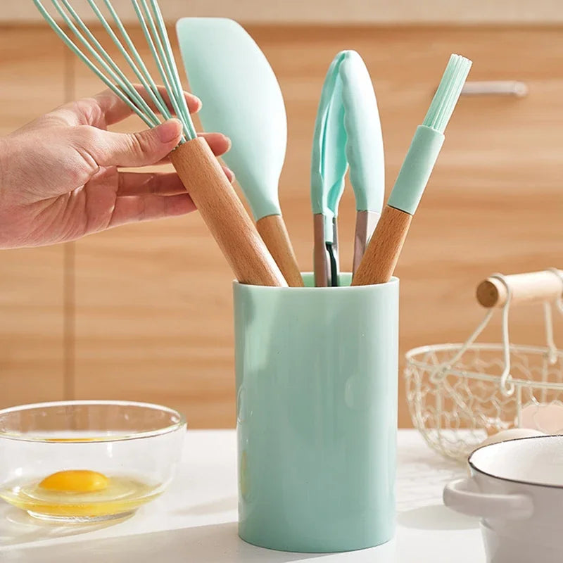 Set de Utensilios de Cocina de Silicona de 12 piezas con Mango de Madera