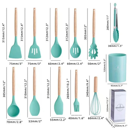 Set de Utensilios de Cocina de Silicona de 12 piezas con Mango de Madera