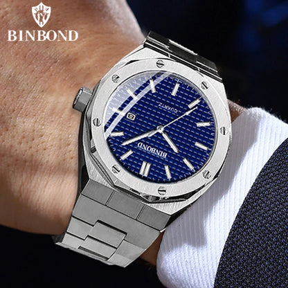 Reloj Hombre Binbond Plateado Acero Inoxidable Fecha Automática