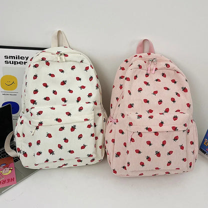 2024 Strawberry Pattern Sweet College Schoolbag Corduroy Students Backpacks Multi-pockets Daily Rucksack Large Capacity Knapsack