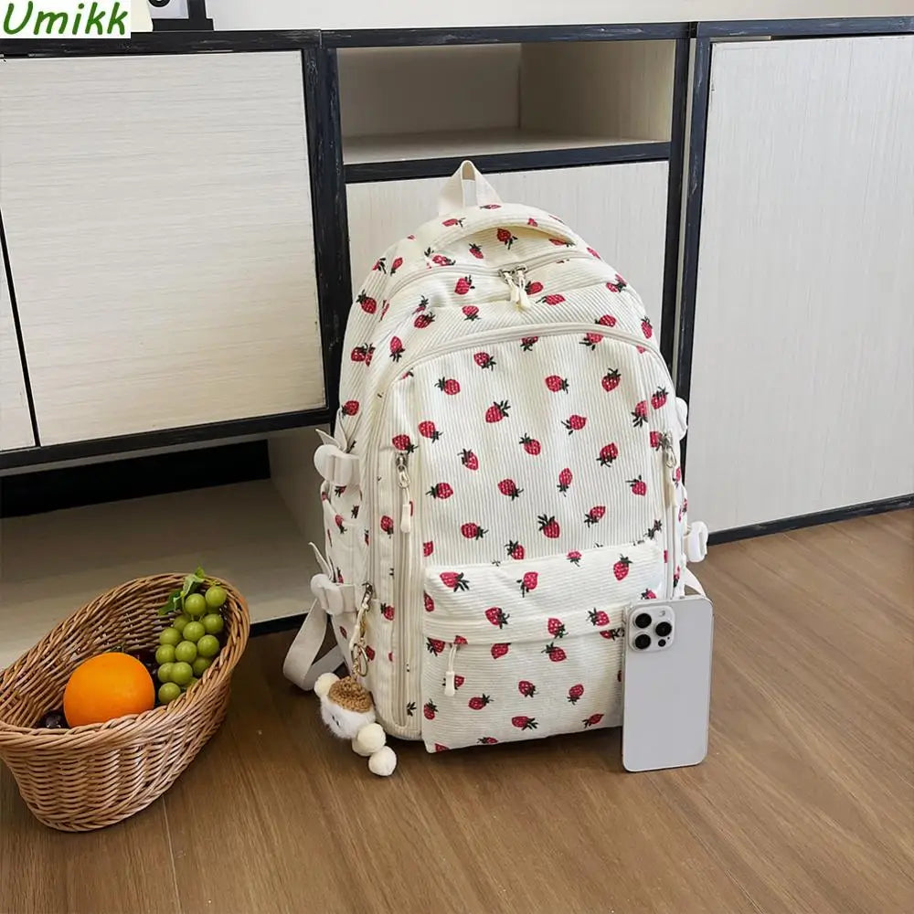 2024 Strawberry Pattern Sweet College Schoolbag Corduroy Students Backpacks Multi-pockets Daily Rucksack Large Capacity Knapsack