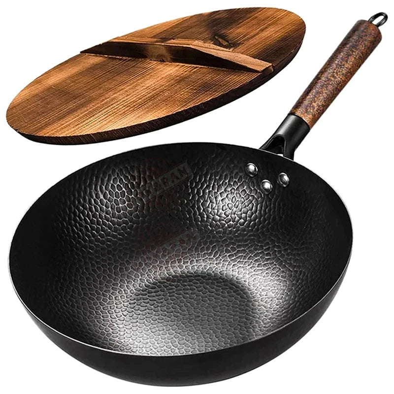 Sartén Wok de Acero al Carbono 32cm con Tapa de Madera - ¡Cocina auténtica en casa! 🍳