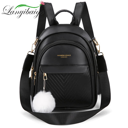 Three-layer Zipper Women's Backpack Fashion Hair Ball Pendant Girl Student School Bags Solid Color Casual Travel Ladies Backpack