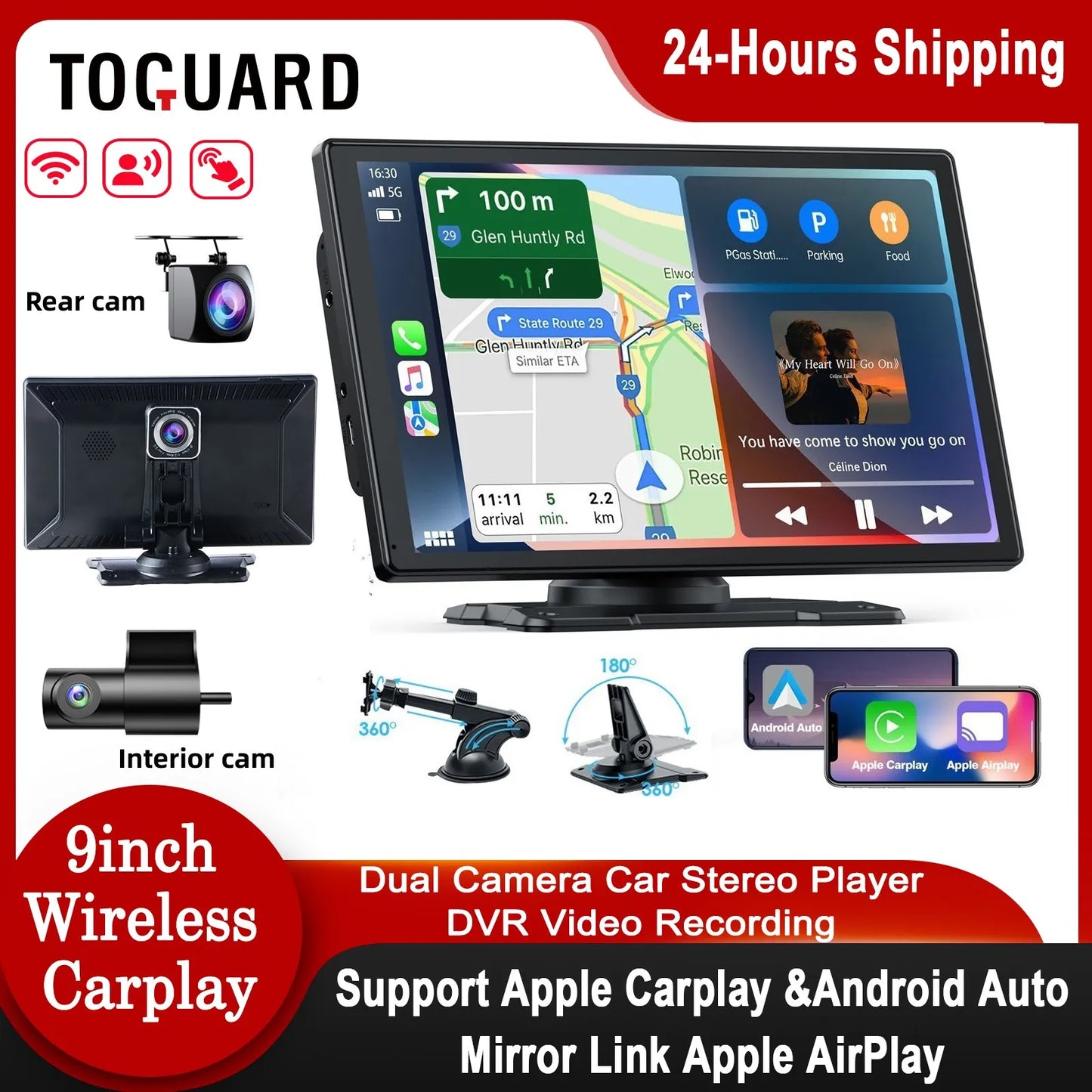 TOGUARD Pantalla 9" Wireless Apple Carplay Android Auto con Dashcam 2.5K