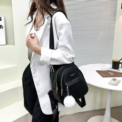 Three-layer Zipper Women's Backpack Fashion Hair Ball Pendant Girl Student School Bags Solid Color Casual Travel Ladies Backpack