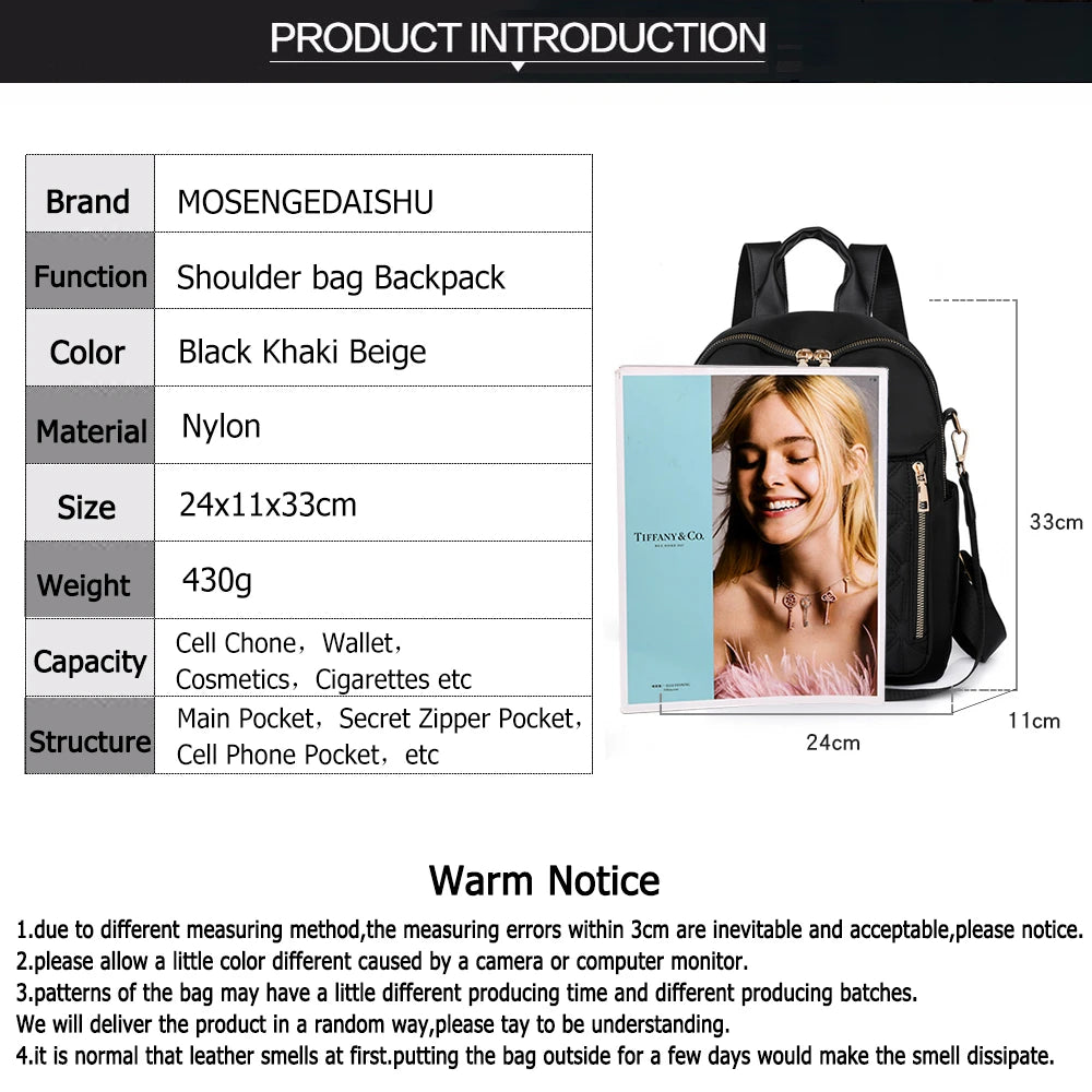 Solid Color Fashion Ladies Backpack High Quality Nylon Multifunctional Ladies Student Bag New Women Shoulder Bags Travel Bag Sac