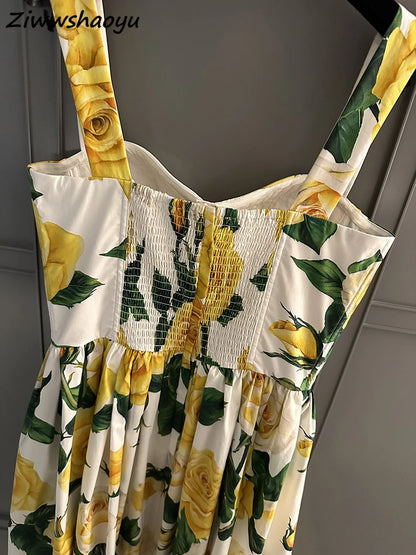 Vestido Midi Amarillo Estampado Floral de Pasarela, Alta Calidad