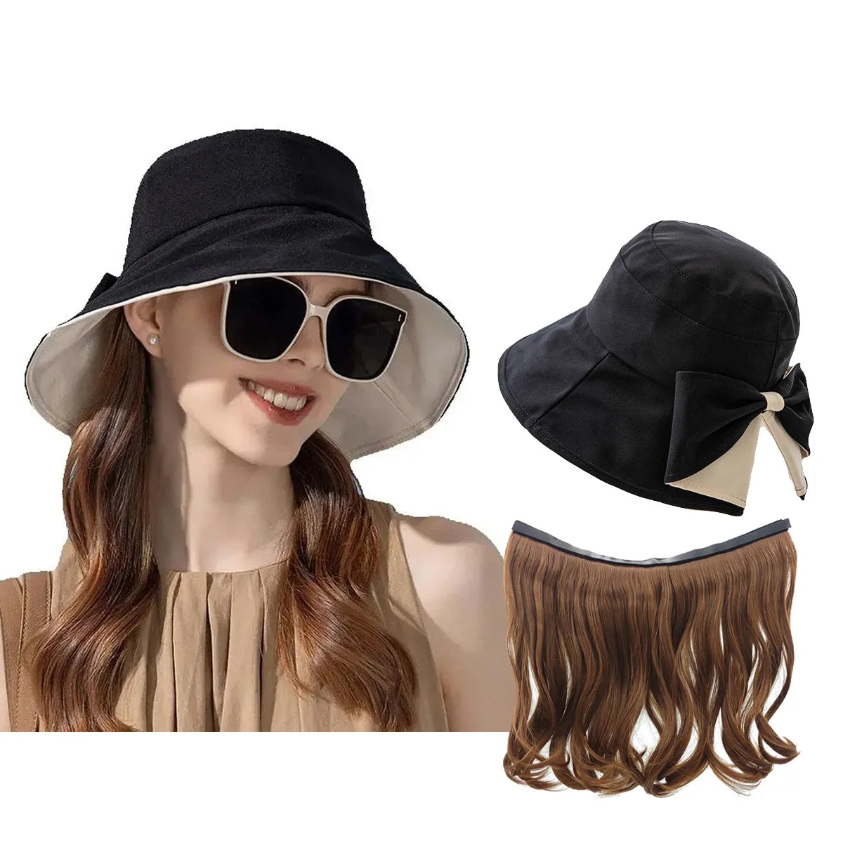 Gorro de Pescador con Pelo Rubia Ondulado 🌞👒¡Brilla en Verano! 🌺