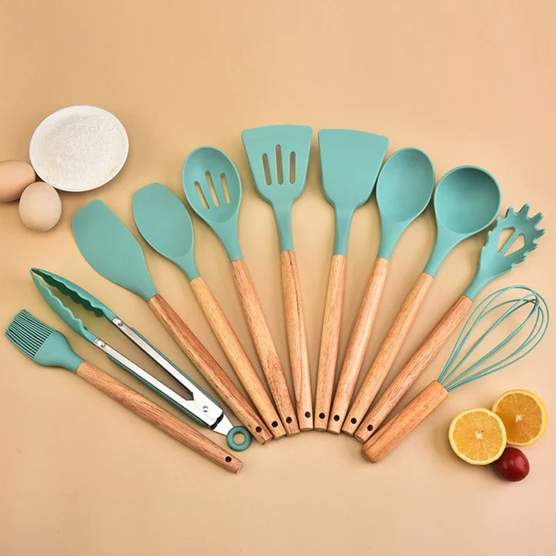 Set de Utensilios de Cocina de Silicona 12Pcs con Mango de Madera