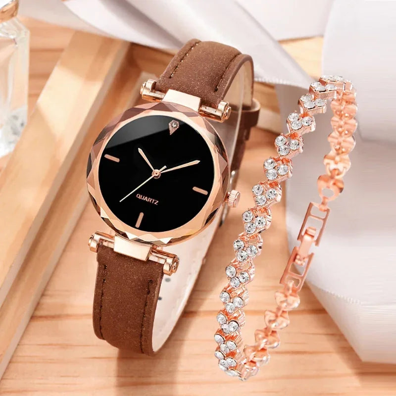 Set de 2 Relojes de Lujo para Mujer - Correas de Cuero PU y Detalles de Cristal en Aleación de Oro Rosa