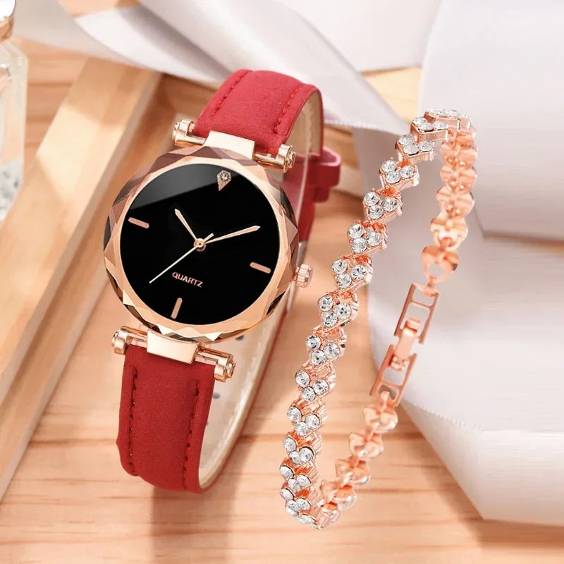 Set de 2 Relojes de Lujo para Mujer - Correas de Cuero PU y Detalles de Cristal en Aleación de Oro Rosa