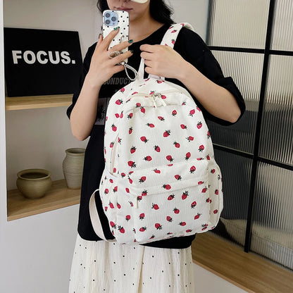 2024 Strawberry Pattern Sweet College Schoolbag Corduroy Students Backpacks Multi-pockets Daily Rucksack Large Capacity Knapsack