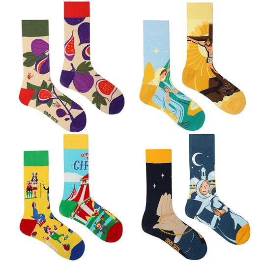 1Pair Man Women Socks Original AB Tide Socks Medium High Tube Colorful Socks Flowers Fruits Candy Cake Cotton Socks Unisex Socks