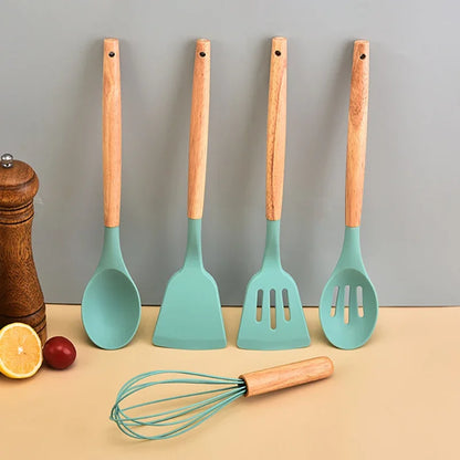 Set de Utensilios de Cocina de Silicona 12Pcs con Mango de Madera