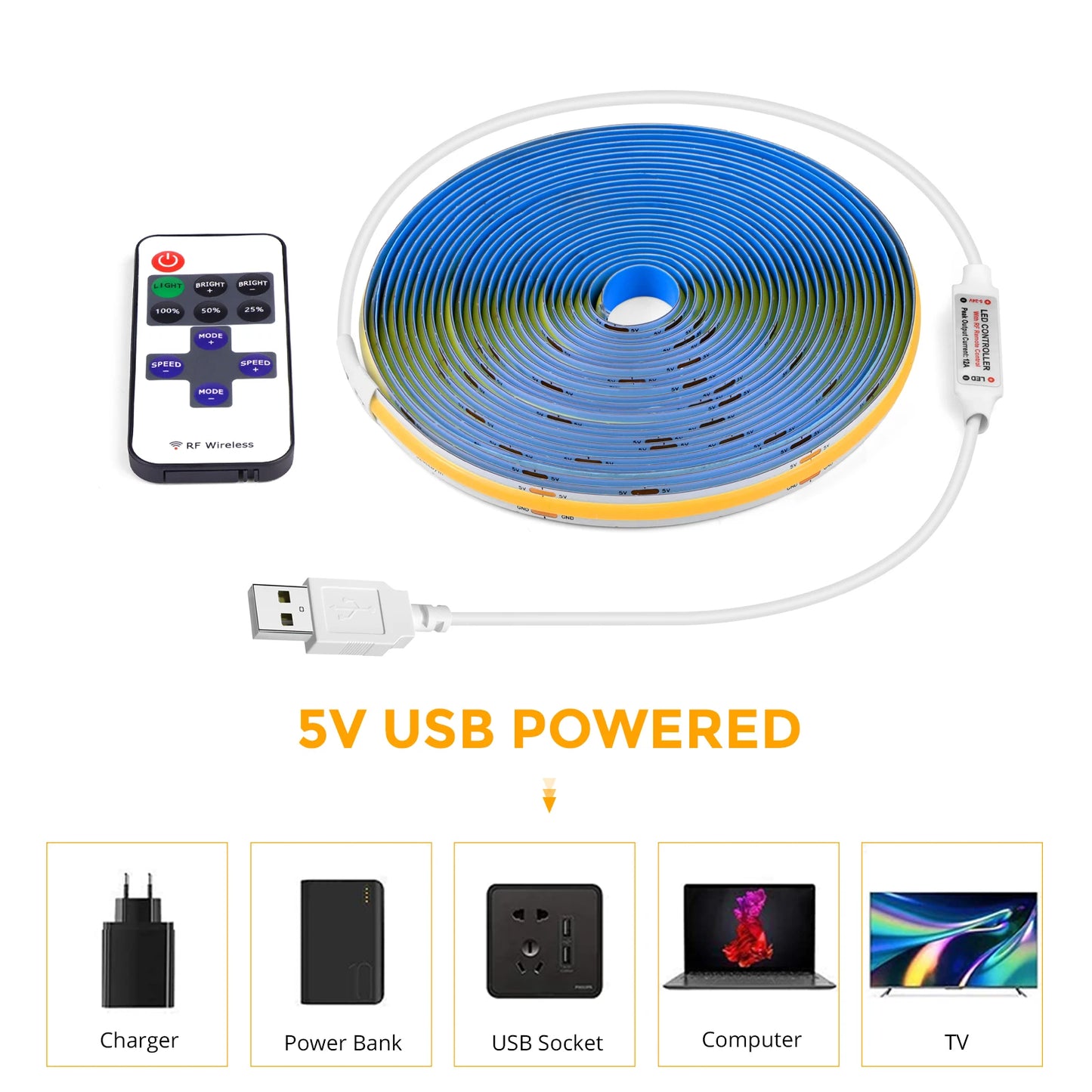 Tira LED COB 5V con Control Remoto Dimmable - Iluminación Interior Personalizable