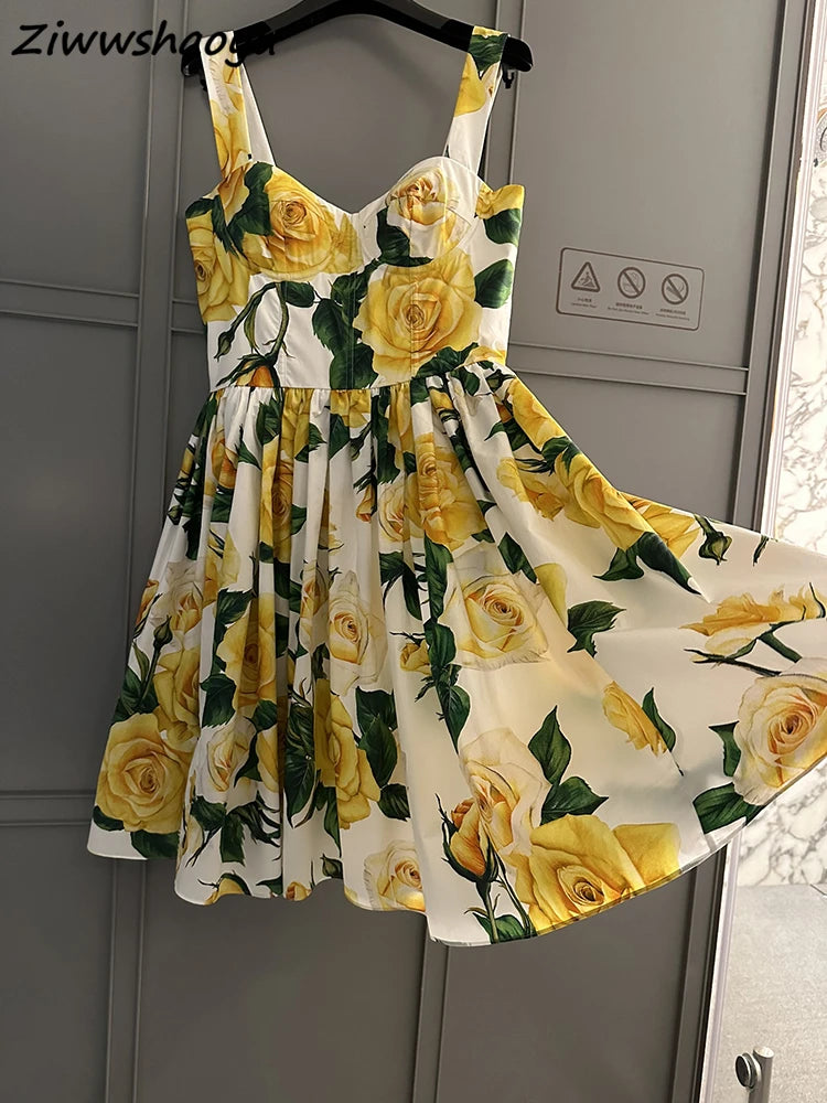 Vestido Midi Amarillo Estampado Floral de Pasarela, Alta Calidad