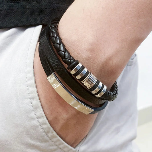 Pulseras de Cuero con Detalles de Acero Inoxidable para Hombre