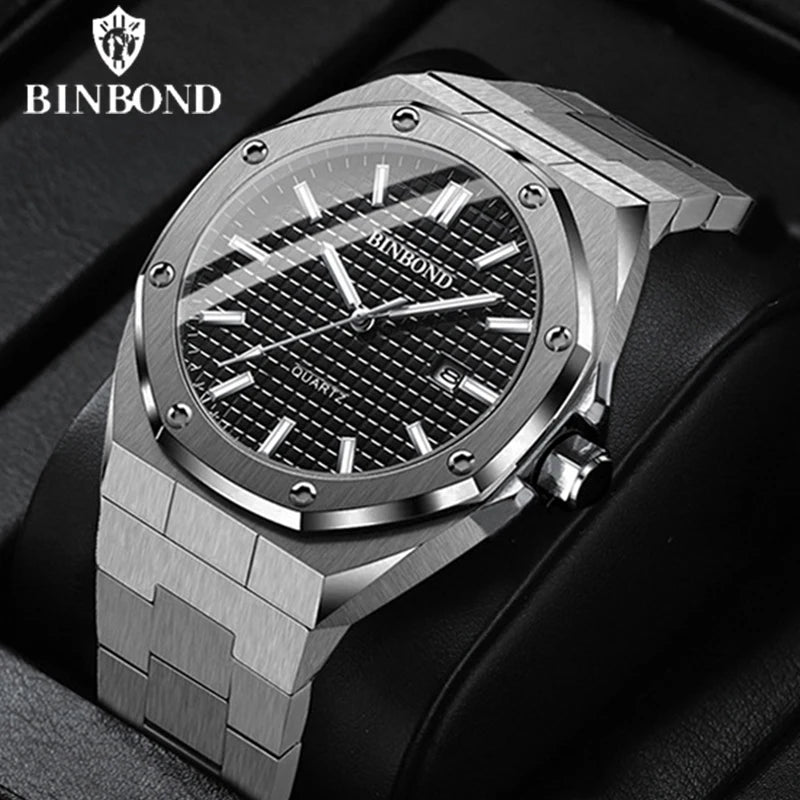 Reloj Hombre Binbond Plateado Acero Inoxidable Fecha Automática