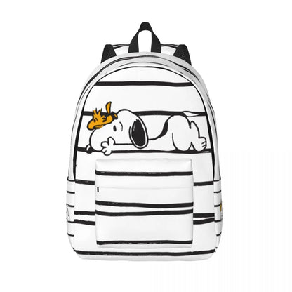 Snoopy Woodstock Cartoon Stripe Backpack for Men Women Teenage Student Hiking Travel Daypack Laptop Computer Canvas Bags Pocket