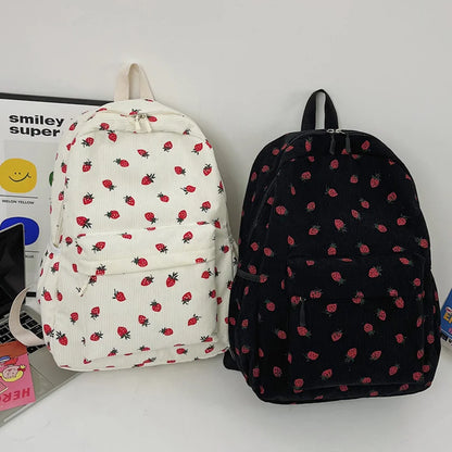 2024 Strawberry Pattern Sweet College Schoolbag Corduroy Students Backpacks Multi-pockets Daily Rucksack Large Capacity Knapsack